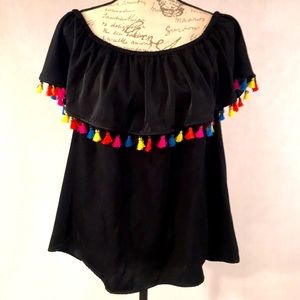 INC International Off the Shoulder Tasseled Top XL